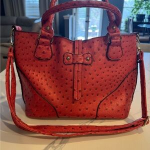 Coral Textured Ostrich (faux) Shoulder Bag with Detachable Strap